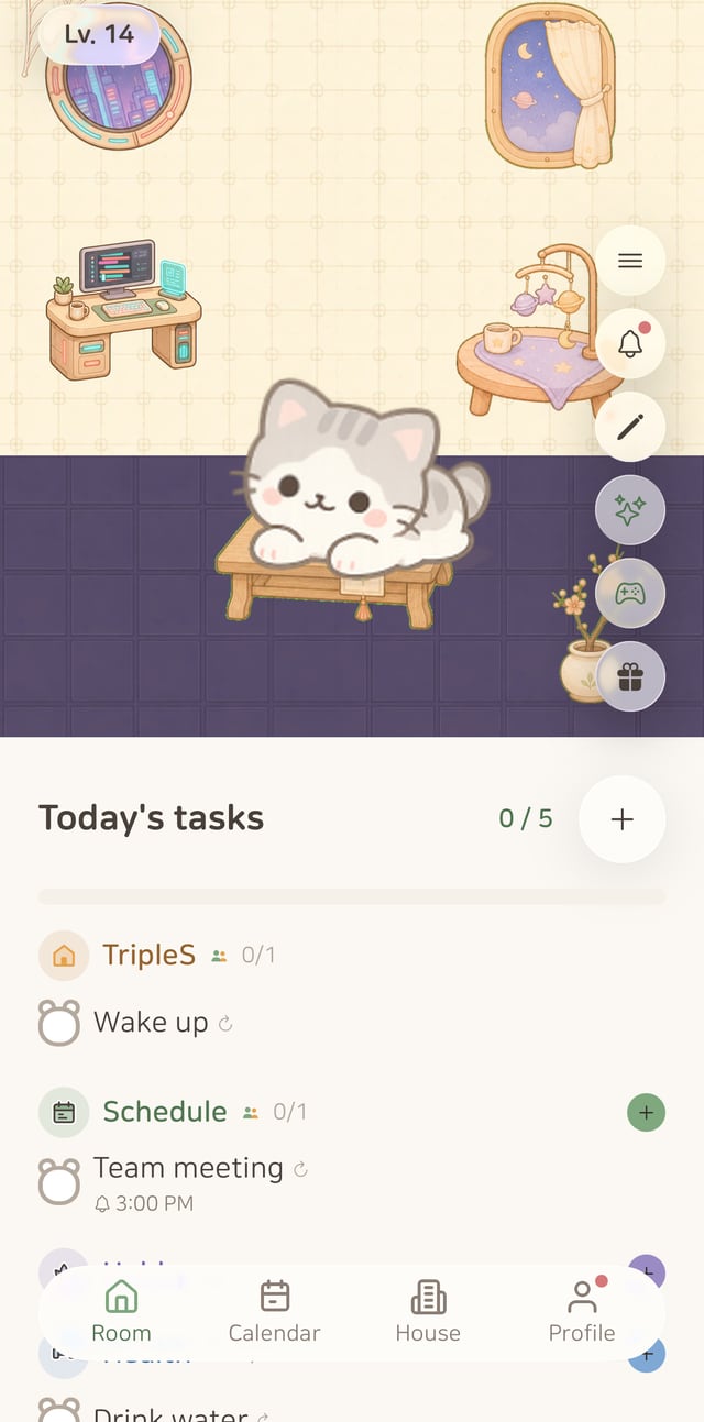 Rougether room screen — a cat character resting in a cloud-wallpaper room above today’s to-dos
