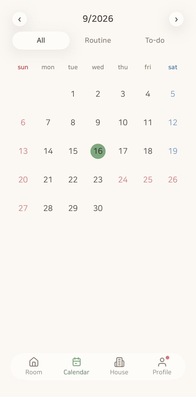 Calendar screen — a September calendar with completed days circled and that day’s to-dos