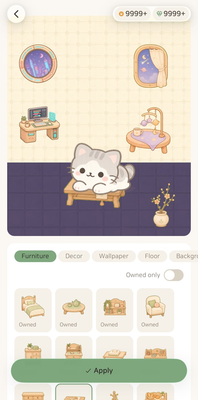 Room decorating screen — furniture, décor, wallpaper and floor tabs with an apply button