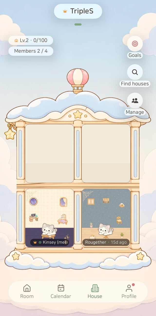 House screen — rooms gathered in a house above the clouds, with house level, members and goal, explore and manage buttons