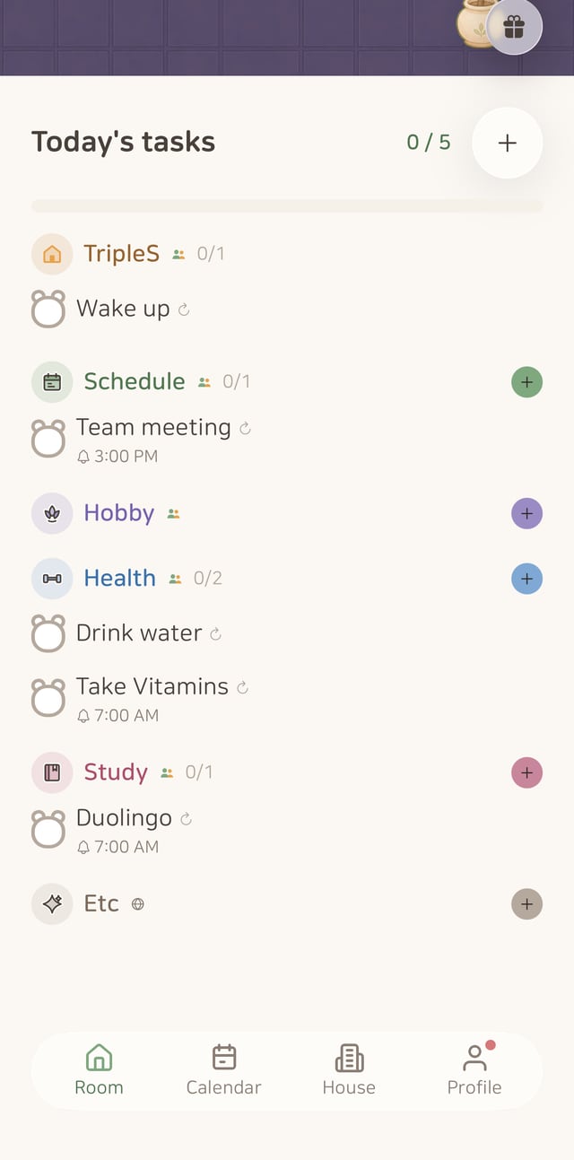 Today’s to-dos screen — to-do, study and health categories with bear check marks