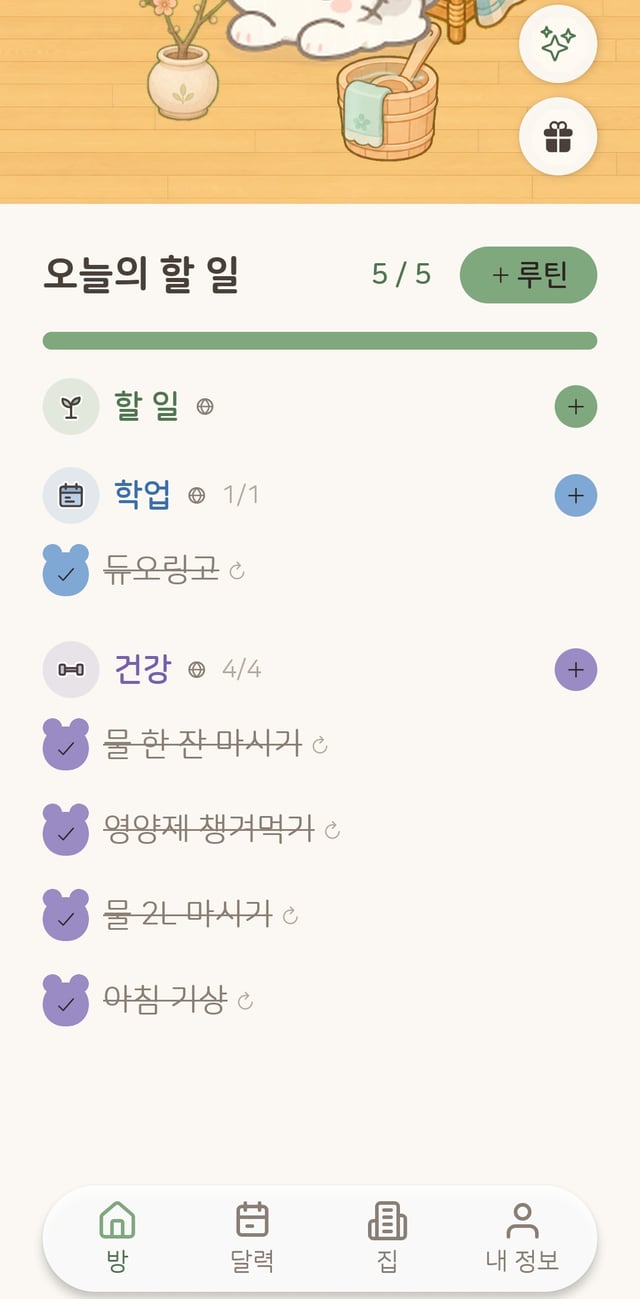 오늘의 할 일 화면 — 할 일·학업·건강 카테고리와 곰 체크